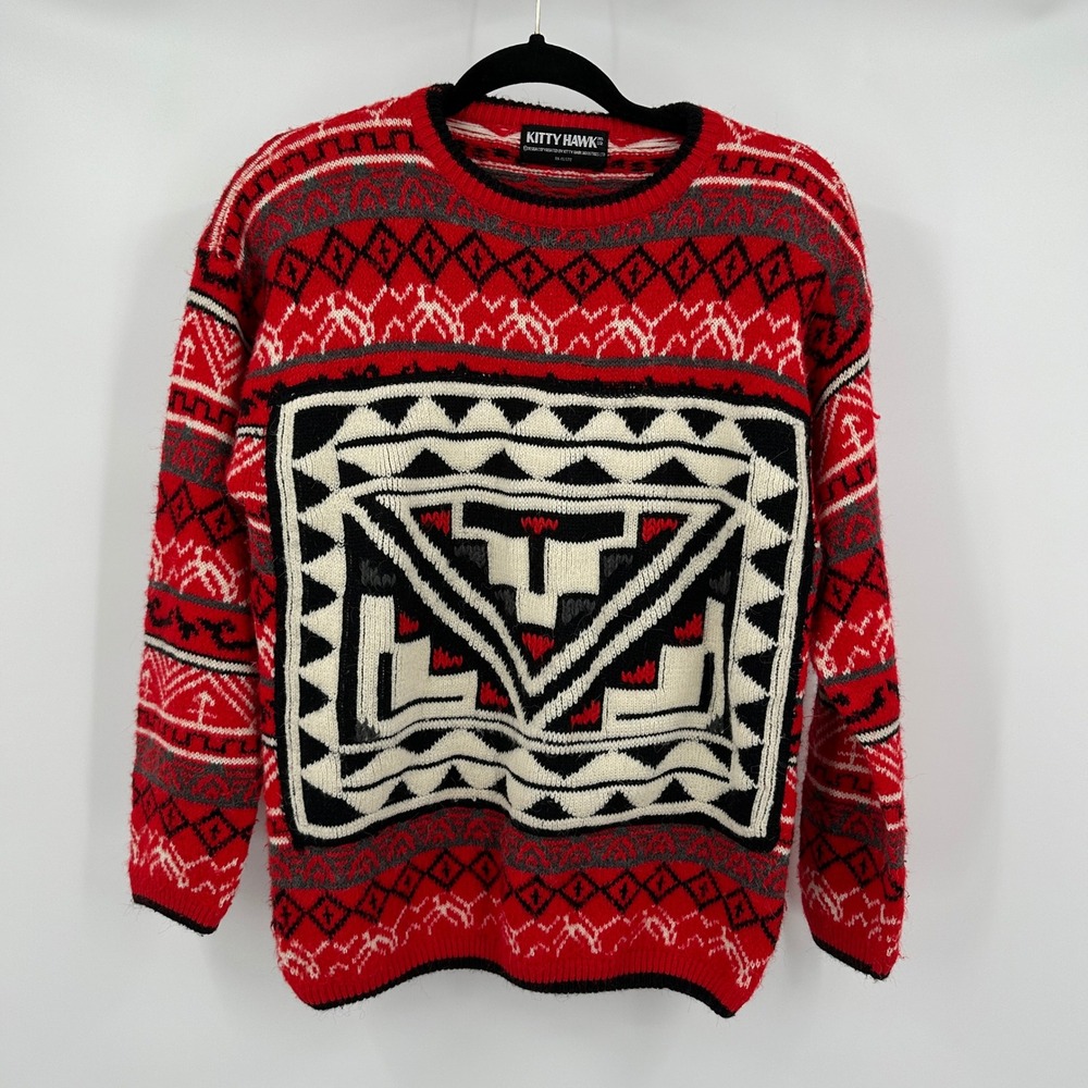 Kitty Hawk Womens Sweater Size L‎ Vintage Red Black White Geometric Southwestern